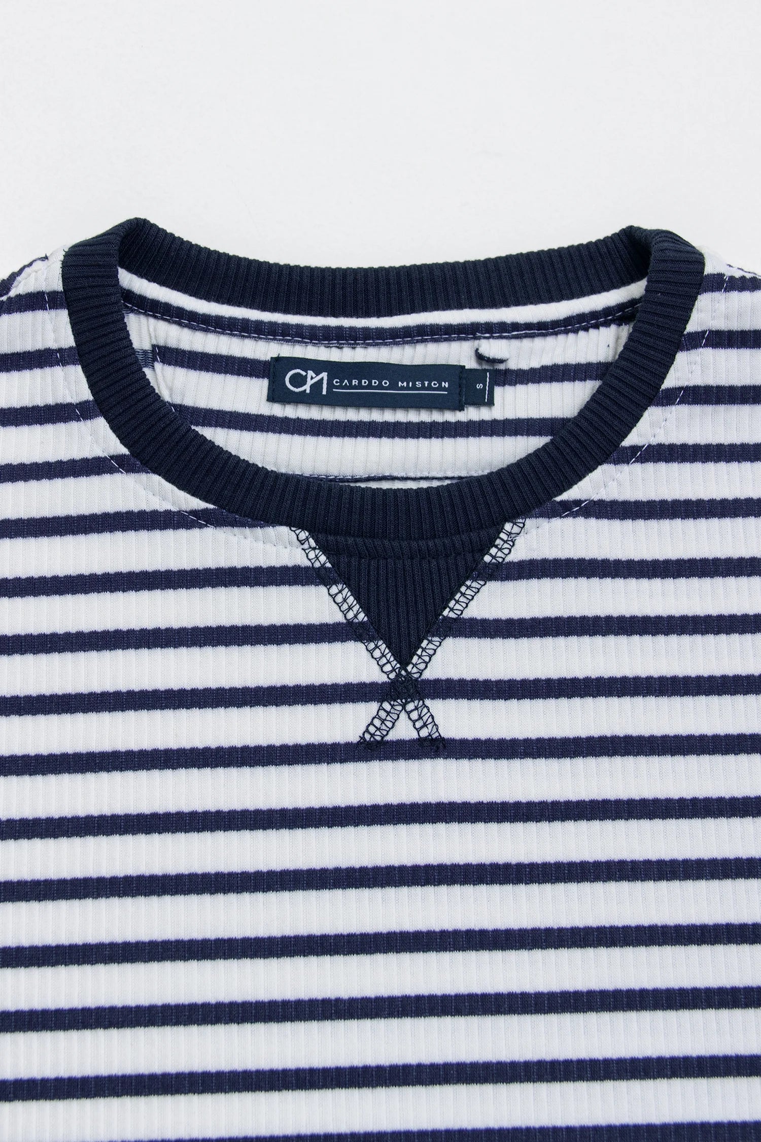 Crewneck Plisado Algodón Raya Azul Oscuro